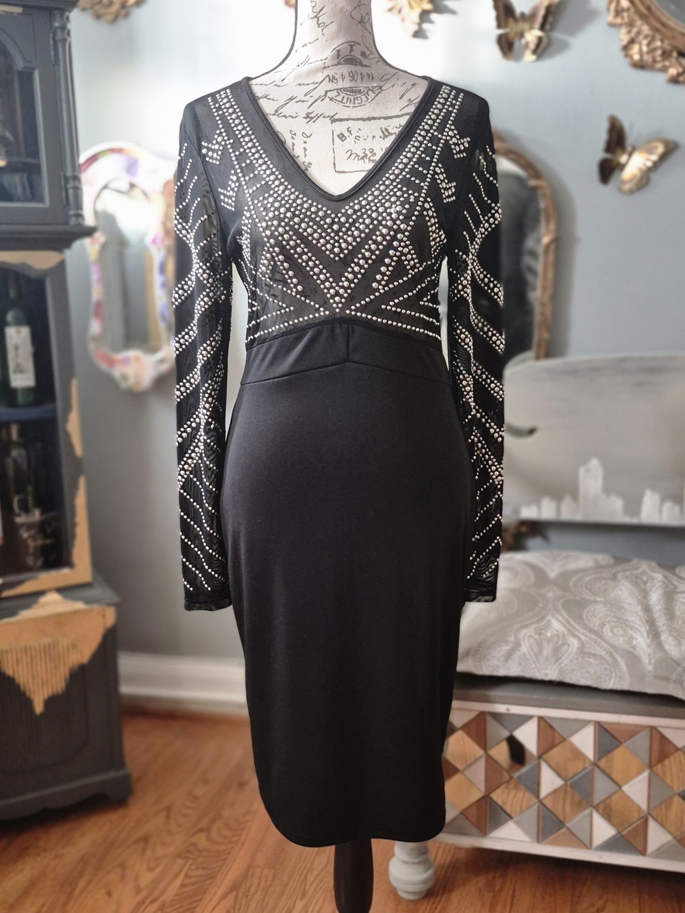 Black Studded V-Neck Partially Sheer Dress Medium